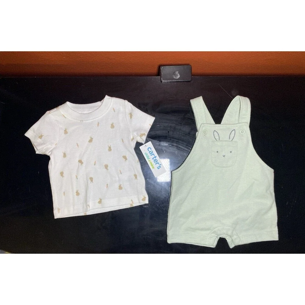 Carter's Child of Mine Baby Boy 2pc Easter Bunny Shortall Set Green Carrot 0-3M